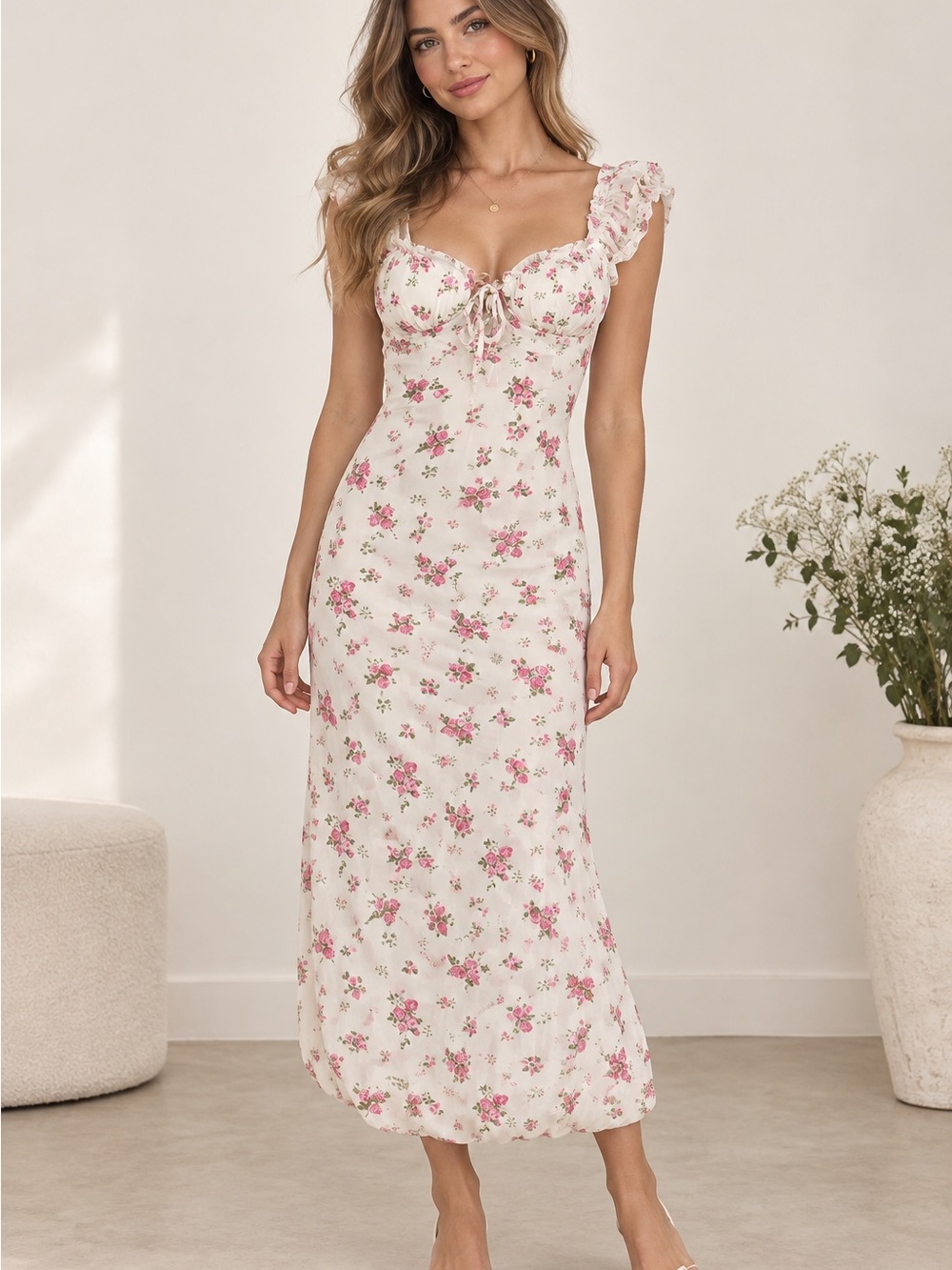 Floral Ruffle Strap Dress  - Pink Floral
